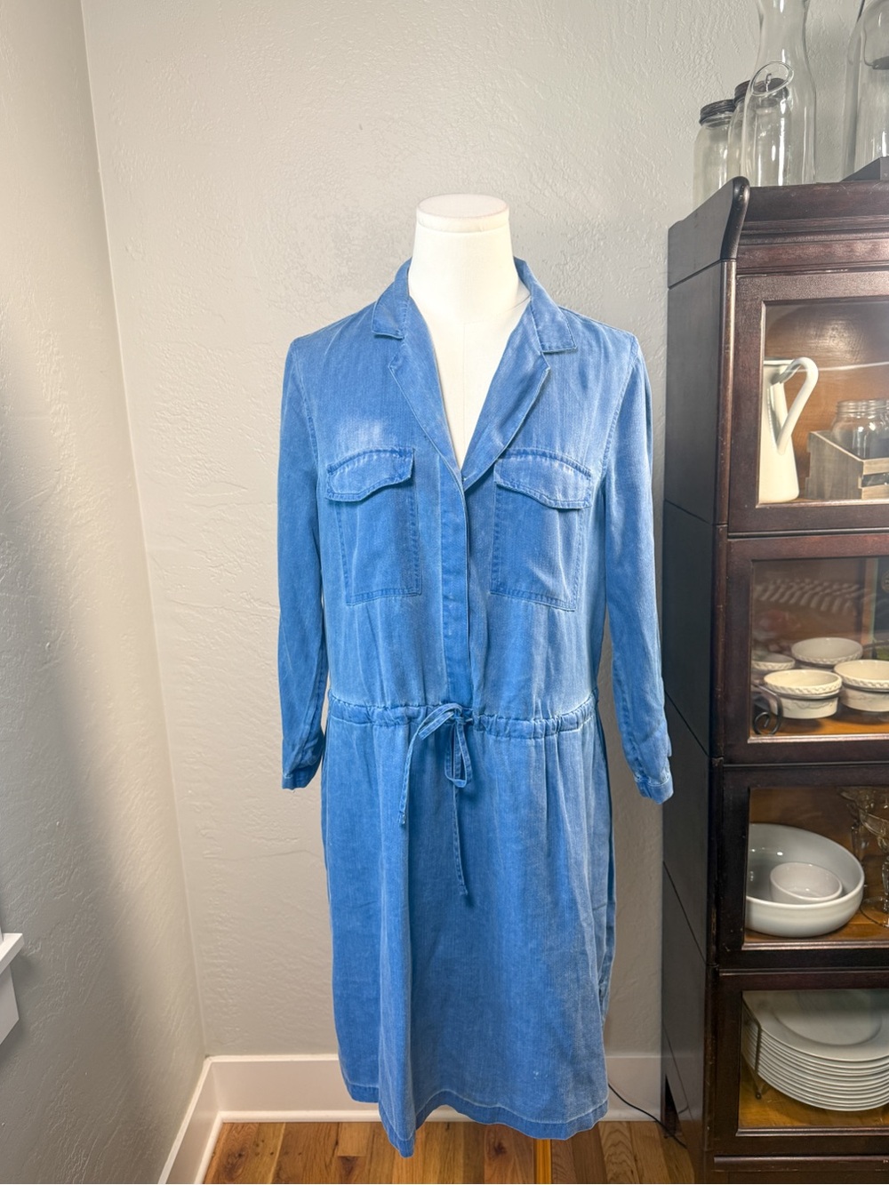 Old Navy Tencel Lyocell Chambray Shirt Dress Blue Drawstring Utility Size M